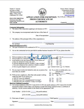 Form CF-2 Application for Exemption to Certificate of Authority 