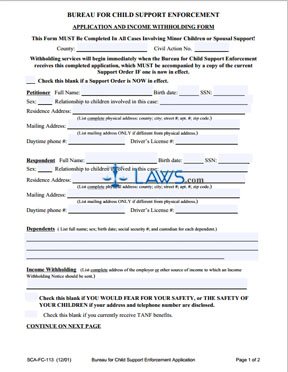 Form SCA-FC-113 Bureau for Child Support Enforcement  (BCSE) Application and Income Withholding Form for Respondent