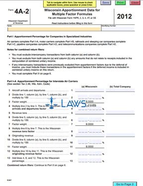 Form 4A-2 Wisconsin Apportionment Data for Multiple Factor Formulas 