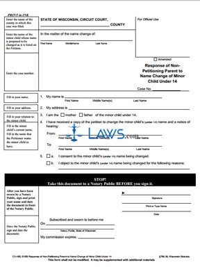 Form CV-480 Response of Non-Petitioning Parent to Name Change of Minor Child Under 14