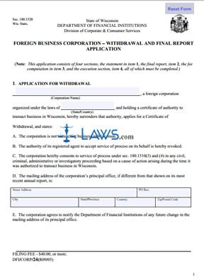 Form 24 Foreign Business Corporation – Withdrawal And Final Report Application  