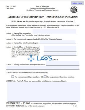 Form 102 Articles of Incorporation (Nonprofit) 