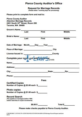 Form Request for Marriage Records - Pierce County