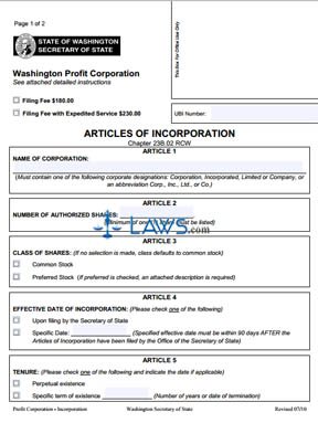 Form WA Articles of Incorporation (Profit Corporation) 
