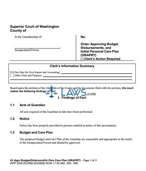 Form WPF-GDN-05-0500 Order Approving Budget, Disbursements and Initial Personal Care Plan