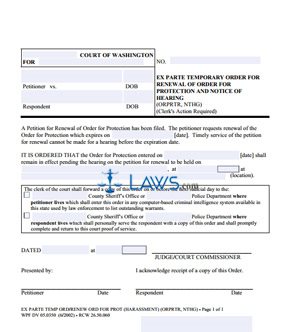 Form WPF DV-5.0350 Ex Parte Temporary Order for Renewal of Order for Protection and Notice of Hearing (ORPRTR, NTHG)