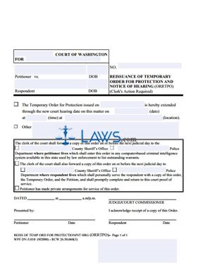 Form WPF DV-5.010 Reissuance of Temporary Order for Protection and Notice of Hearing (ORRTPO) 