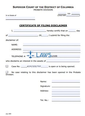 Certificate of Filing Disclaimer