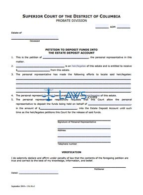 Petition to Deposit Funds Into the Estate Deposit Account (Pro Se) and Order