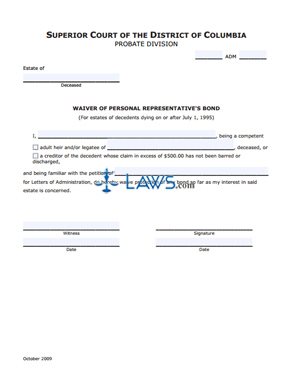 Waiver of Personal Representative’s Bond (updated October 2009)