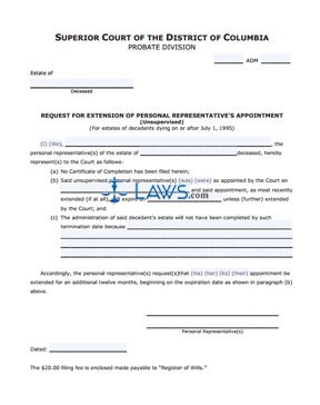 Request for Extension of Personal Representative’s Appointment and Order