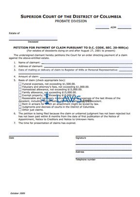 Petition for Payment of Claim and Order (for dates of death on and after 08/27/01 to present)