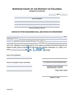 Notice of After Discovered Will and Notice of Appointment (updated October 2009)