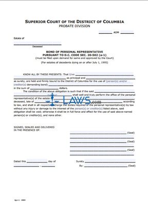 Bond of Personal Representative pursuant to D.C. Code, sec. 20-502(a-1)