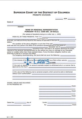 Bond of Personal Representative pursuant to D.C. Code, sec. 20-502(a)