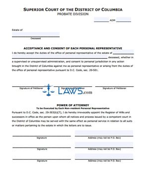 Acceptance and Consent of Each Personal Representative (updated November 2009)