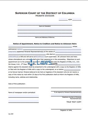 Notice of Appointment, Notice to Creditors and Notice to Unknown Heirs (updated July 2009)