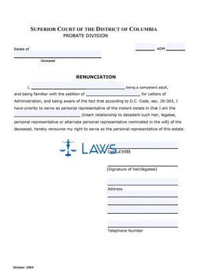 Renunciation, Nomination of Personal Representative and Statement Regarding Bond