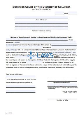 Notice of Appointment, Notice to Creditors and Notice to Unknown Heirs