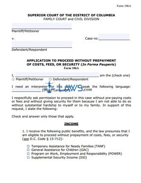 Application to Proceed Without Prepayment of Costs, Fees, or Security