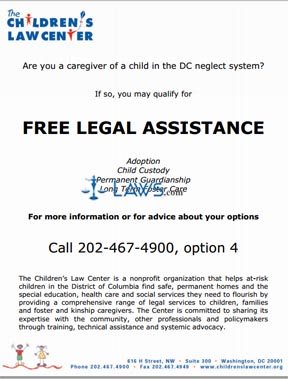The Children's Law Center flyer -- free legal representation for caregivers