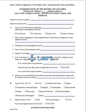 Notice of Appeal (Tax, Civil, Family (Except Juvenile Cases), and Probate)