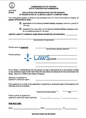 Form LLC1013 Application for Reservation or Renewal of LLC Name 