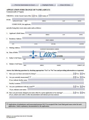 Form CC-1411 Application for Change of Name(Adult)