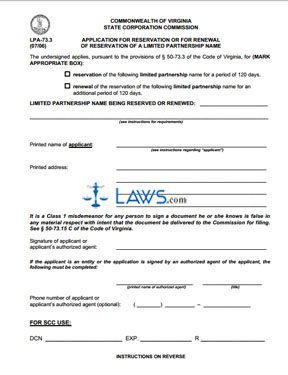 Form LPA 73.3 Application for Reservation or for Renewal of Reservation of a Limited Partnership Name 