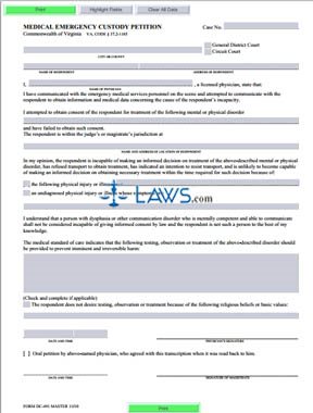 Form DC-491 Medical Emergency Custody Petition