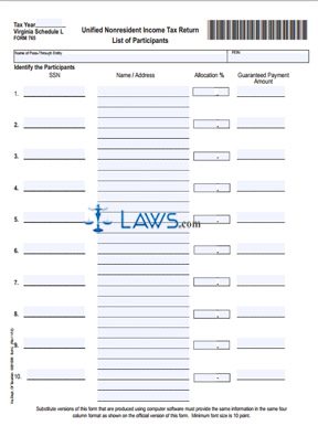 Form 765 Schedule L Unified Nonresident Income Tax Return List of Participants