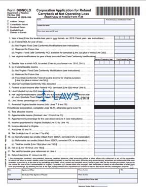 Form 500NOLD Corporation Application for Refund Carryback of Net Operating Loss
