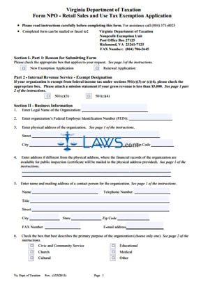 Form NPO Retail Sales and Use Tax Exemption Application