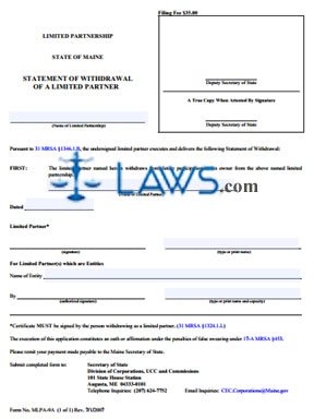 Form MLPA-9A Statement of Withdrawal of a Limited Partner 