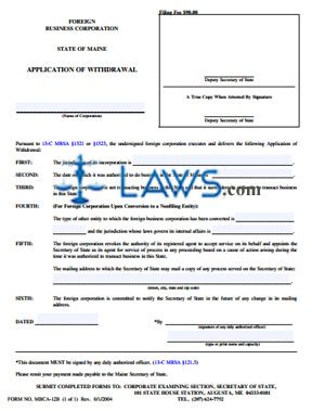 Form MBCA-12B Application of Withdrawal 
