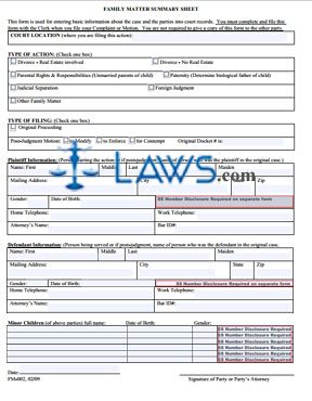 Form FM-002 Family Matter Summary Sheet