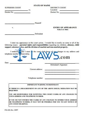 Form FM-020 Entry of Appearance - Pro Se Divorce 