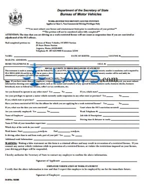 Form Work Restricted Driver's License Petition