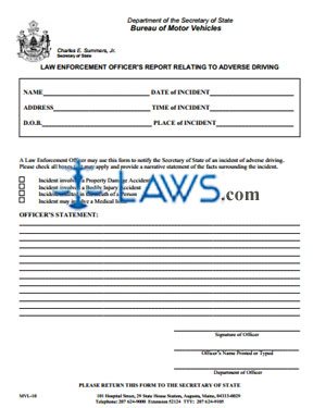 Form MVL-10 Police Officer's Report Relating to Adverse Driving
