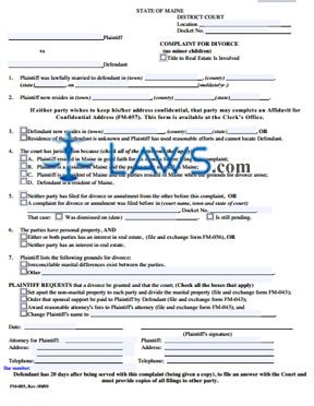 Form FM-005 Complaint for Divorce (No Minor Children)