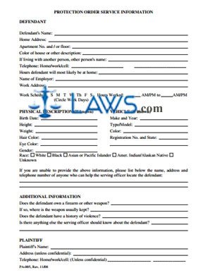 Form PA-005 Protection Order Service Information