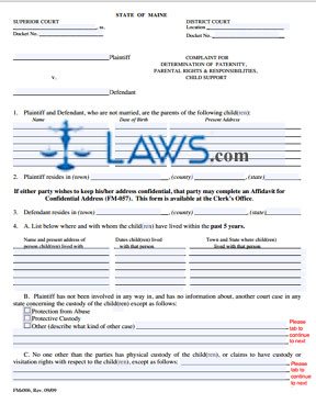 Form FM-006 Complaint for Determination of Paternity, Parental Rights & Responsibilities & Child Support