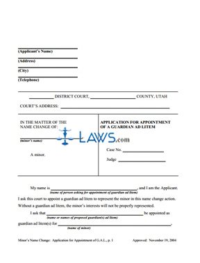 Form Name Change: Application for Appointment of Guardian Ad Litem Minor