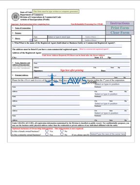 Form Utah Articles Of Incorporation (Profit Corporation) 