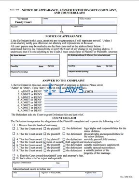 Form 838 Notice of Appearance, Answer to the Divorce Complaint, and Counterclaim
