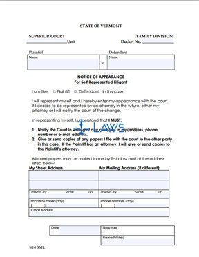 Form 831 Notice of Appearance for Self Represented Litigant
