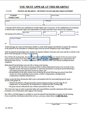 Form 801 Notice of Hearing - Petition to Establish Child Support