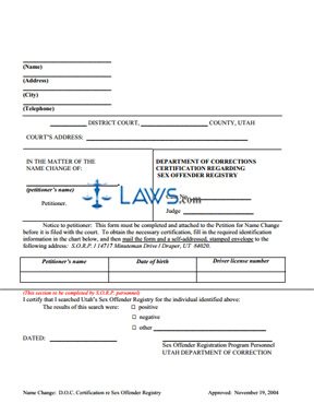Department of Corrections Certification Regarding Sex Offender Registry