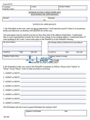 Answer to Civil Union Complaint and Notice of Appearance