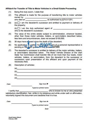 Affidavit for Small Estate Matters (motor vehicle)